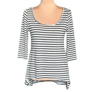 Sweet Romeo Tee Top White Grey Stripes 3/4 Sleeve Scoop Neck Sz. M